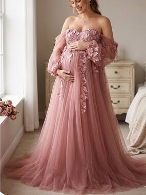 NEW FORMAL DRESS Romantic Off-Shoulder Maternity Gown in Dusty Rose size L